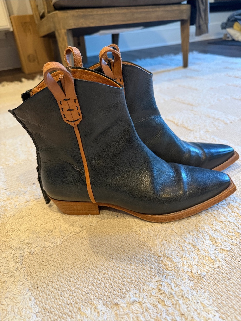 We The Free Black Wesley Leather Ankle Boots with Brown Trim